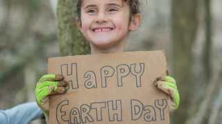 A girl is celebrating Earth Day. She is wearing casual clothes and gloves. She is smiling and holding up a sign that says "Happy Earth Day". She is in a forest.
