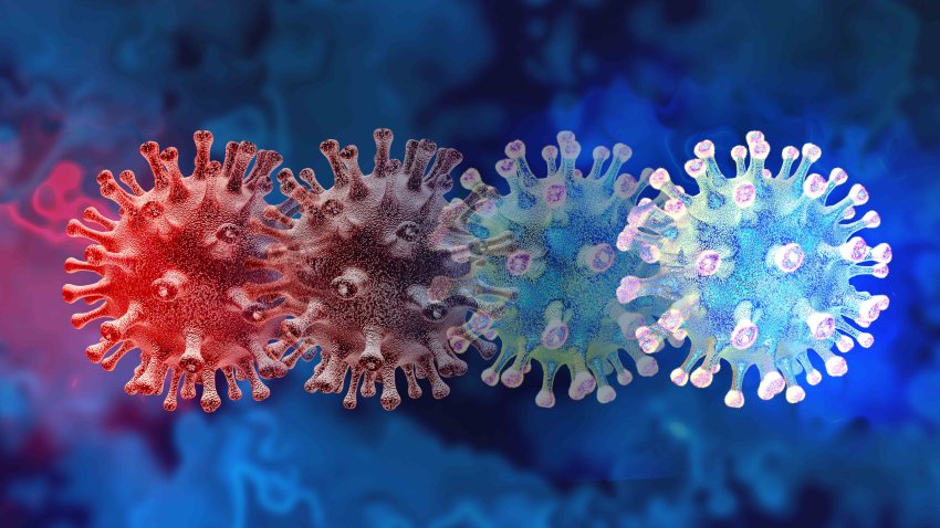 Mutating virus concept and new coronavirus b.1.1.7 variant outbreak or covid-19 viral cell mutation and influenza background as dangerous flu strain with disease cells as a 3D render.