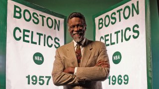 bill Russell in front of championship banners