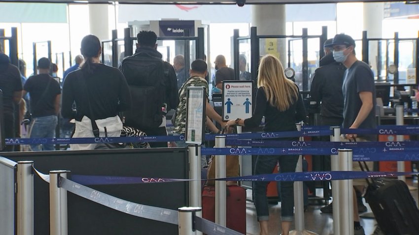 TSA line at Bradley International Airport