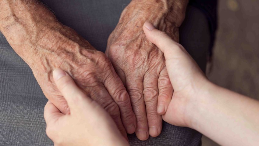 Old and young person holding hands. Elderly care and respect, selective focus