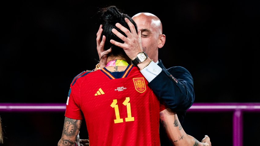 President of the Royal Spanish Football Federation Luis Rubiales kisses Jennifer Hermoso of Spain during the medal ceremony of FIFA Women's World Cup Australia & New Zealand 2023.