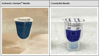 Una aguja Ozempic auténtica y una aguja falsificada. Las agujas falsificadas se encontraban entre los productos falsificados incautados por la FDA.