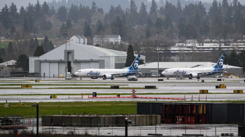 PORTLAND, OREGON – JANUARY 9: Alaska Airlines Boeing 737 MAX 9 aircrafts N705AL and N706AL are seen grounded at Portland International Airport on January 9, 2024 in Portland, Oregon. NTSB investigators are continuing their inspection on the Alaska Airlines N704AL Boeing 737 MAX 9 aircraft following a midair fuselage blowout on Friday, January 5. None of the 171 passengers and six crew members were seriously injured. (Photo by Mathieu Lewis-Rolland/Getty Images)