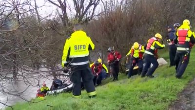 Tormenta en California: rescatan a un hombre y sus perritos de un río crecido
