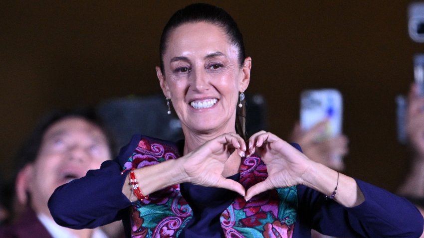 Mexico’s presidential candidate for Morena party Claudia Sheinbaum celebrates following the results of the general election at Zocalo Square in Mexico City, on June 3, 2024. Claudia Sheinbaum was set to be elected Mexico’s first woman president, exit polls showed, a milestone in a country with a history of gender-based violence. (Photo by CARL DE SOUZA / AFP) (Photo by CARL DE SOUZA/AFP via Getty Images)