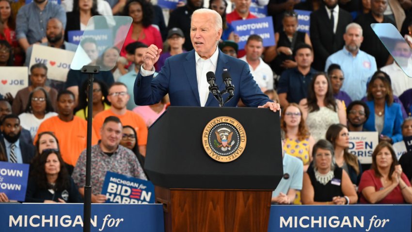 President of the United States Joe Biden delivers remarks at a campaign rally at Renaissance High School in Detroit, Michigan, United States on July 12, 2024.