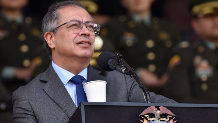 Colombian President Gustavo Petro takes part during the promotion ceremony of police cadets at the General Santander Police Academy in Bogota, Colombia, May 31, 2024. (Photo by: Cristian Bayona/Long Visual Press/Universal Images Group via Getty Images)