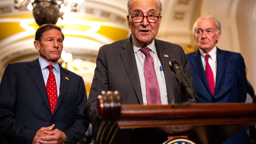 WASHINGTON, DC – JULY 30:  U.S. Senate Majority Leader Chuck Schumer (D-NY) speaks as Sens. Richard Blumenthal (D-CT) (L) and Ed Markey (D-MA) look on at a news conference following weekly party policy luncheons at the Capitol on July 30, 2024 in Washington, DC. The Kids Online Safety Act (KOSA) and Children’s Online Privacy Protection Act (COPPA) 2.0, which create regulations for tech and social media companies regarding minors’ online features and data use, passed 91-3 in the Senate. (Photo by Kent Nishimura/Getty Images)