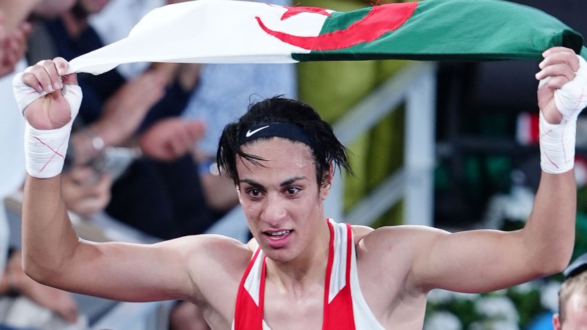 Algeria’s Imane Khelif celebrates victory over China’s Liu Yang (not pictured) after the Women’s 66kg Final at Roland-Garros Stadium on the fourteenth day of the 2024 Paris Olympic Games in France. Picture date: Friday August 9, 2024. (Photo by Peter Byrne/PA Images via Getty Images)