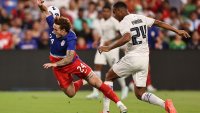 AUSTIN, TEXAS – OCTOBER 12: Josh Sargent (L) #24 of United States and Edgardo Fari√±a #24 of Panama battle for the ball during friendly match between United States and Panama at Q2 Stadium on October 12, 2024 in Austin, Texas. (Photo by Omar Vega/Getty Images)