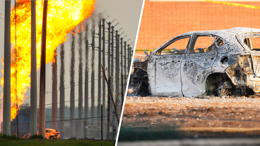 LA PORTE, TEXAS – 16 DE SEPTIEMBRE: Una tubería que transporta gas natural licuado arde cerca de Spencer Highway y Summerton el lunes 16 de septiembre de 2024, en La Porte, Texas. (Brett Coomer/Houston Chronicle vía Getty Images)