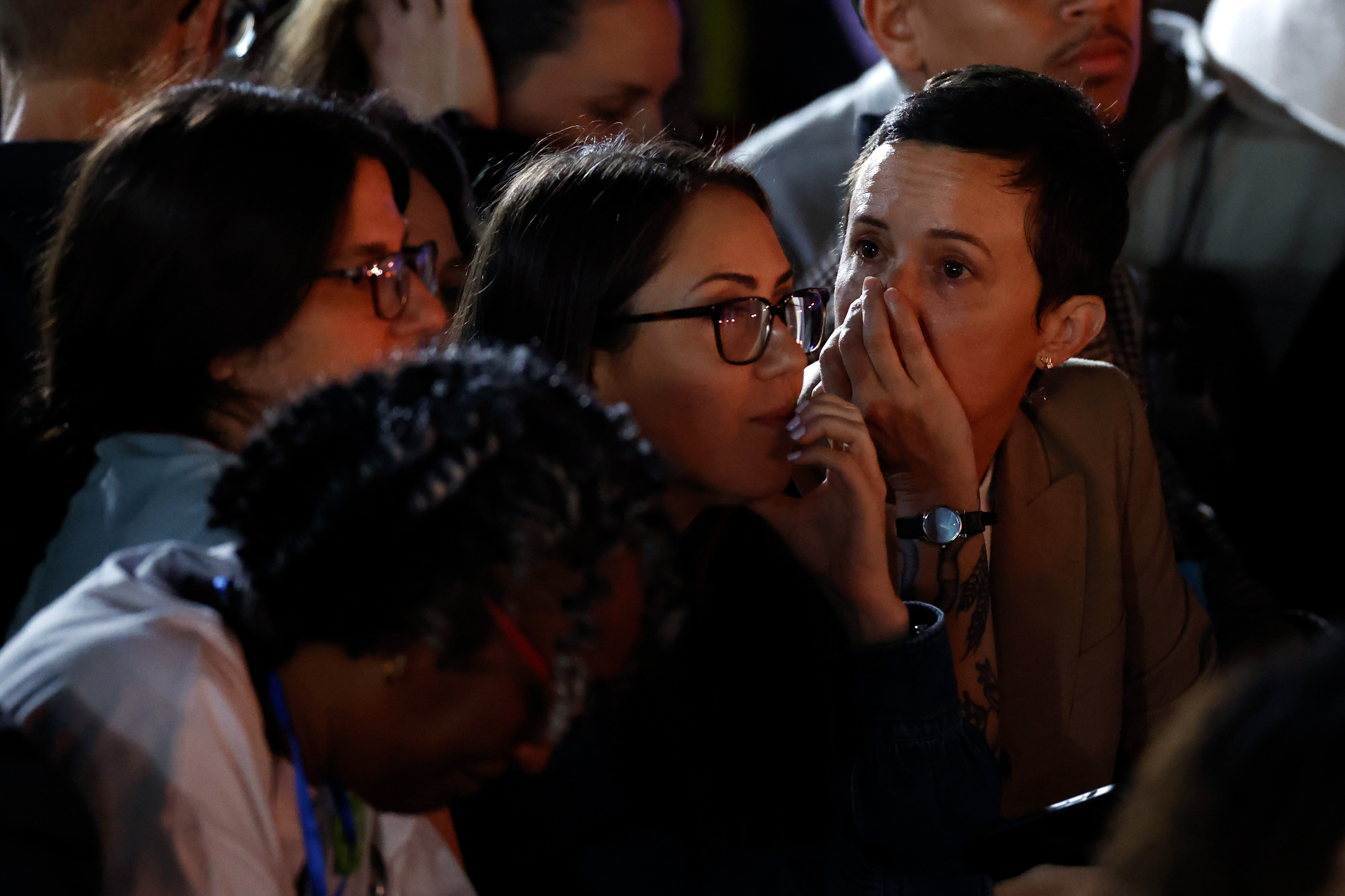 WASHINGTON, DC – NOVEMBER 05:  Supporters watch results come in during an election night watch party for Democratic presidential nominee, U.S. Vice President Kamala Harris at Howard University on November 05, 2024 in Washington, DC. Americans cast their ballots today in the presidential race between Republican nominee former President Donald Trump and Vice President Kamala Harris, as well as multiple state elections that will determine the balance of power in Congress.   (Photo by Kevin Dietsch/Getty Images)