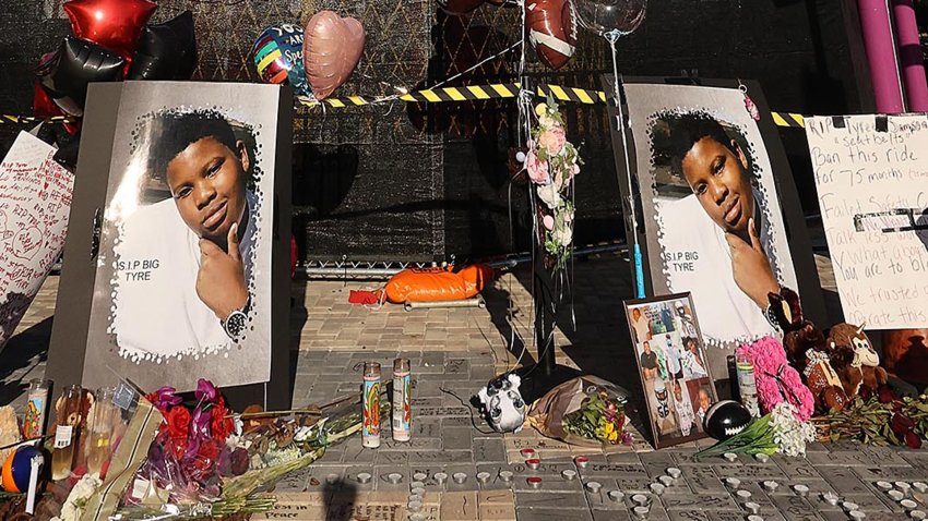 A memorial site is pictured outside the Orlando Free Fall drop tower ride at ICON Park in Orlando, Florida, on March 29, 2022. Tyre Sampson, 14, died when he fell from the ride. The ride is to be taken down, but a date has not yet been set. (Stephen M. Dowell/Orlando Sentinel/Tribune News Service via Getty Images)