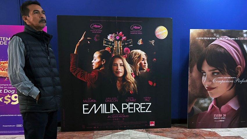 A banner of the French film ‘Emilia Perez,’ written and directed by the French filmmaker Jacques Audiard, is seen at the Diana cinema in Mexico City on January 23, 2025. The film ‘Emilia Perez’ received 13 Oscar nominations. (Photo by ALFREDO ESTRELLA / AFP) (Photo by ALFREDO ESTRELLA/AFP via Getty Images)