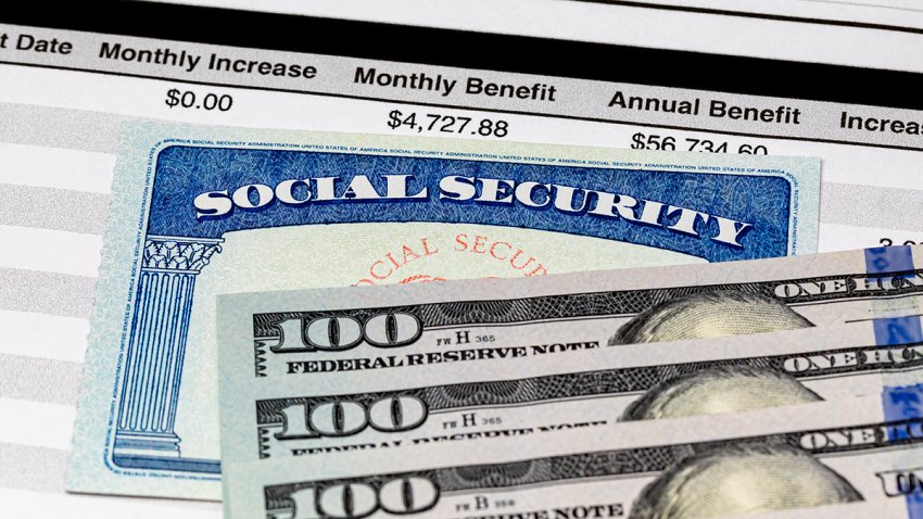 Social Security Card, benefits statement and 100 dollar bills. Social security funding, payment, retirement and federal government benefits concept