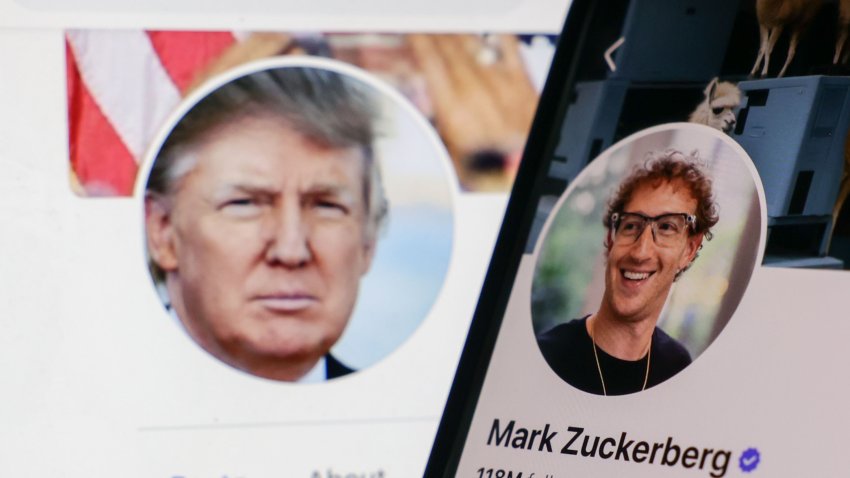 Donald Trump Facebook account displayed on a laptop screen and Mark Zuckerberg account on Facebook displayed on a phone screen are seen in this illustration photo taken in Krakow, Poland on January 7, 2025. (Photo by Jakub Porzycki/NurPhoto via Getty Images)