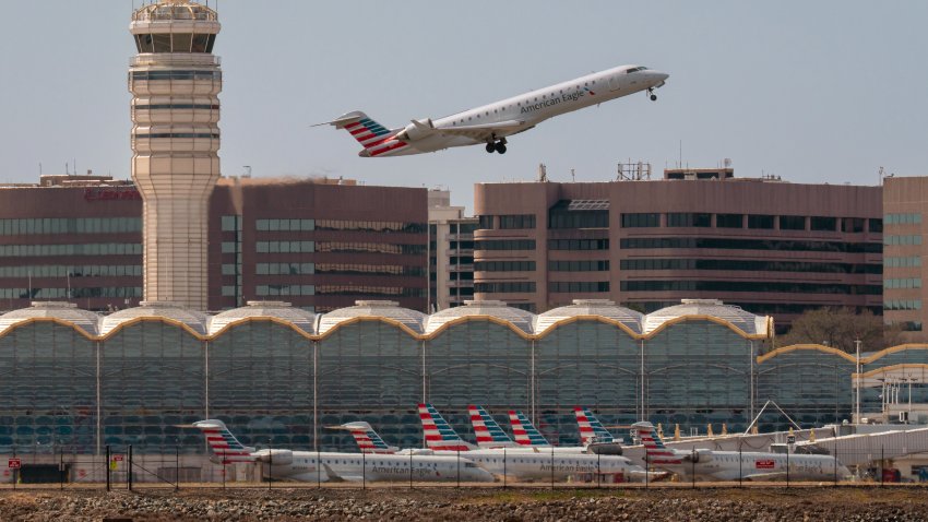 ARLINGTON, VA – MARCH 23: An American Eagle regional jet takes off over the American Airlines terminal at Washington Reagan National Airport on March 23, 2025 in Arlington, VA. (Photo by J. David Ake/Getty Images)
