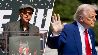 Fotografía de archivo del cineasta estadounidense Chris Columbus y una foto del presidente Donald Trump.