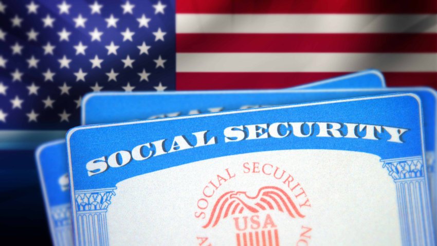 Social Security Card with blur American flag waving in the backdrop. United States social security card with flag. Money, health, insurance, benefits, welfare