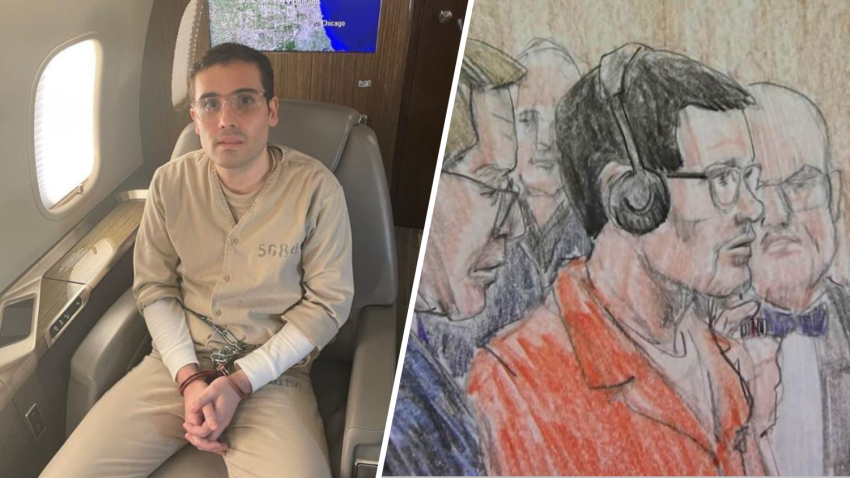 Fotos de arresto y extradicion de Ovidio Guzman y dibujo de Ovidio Guzman en la corte.