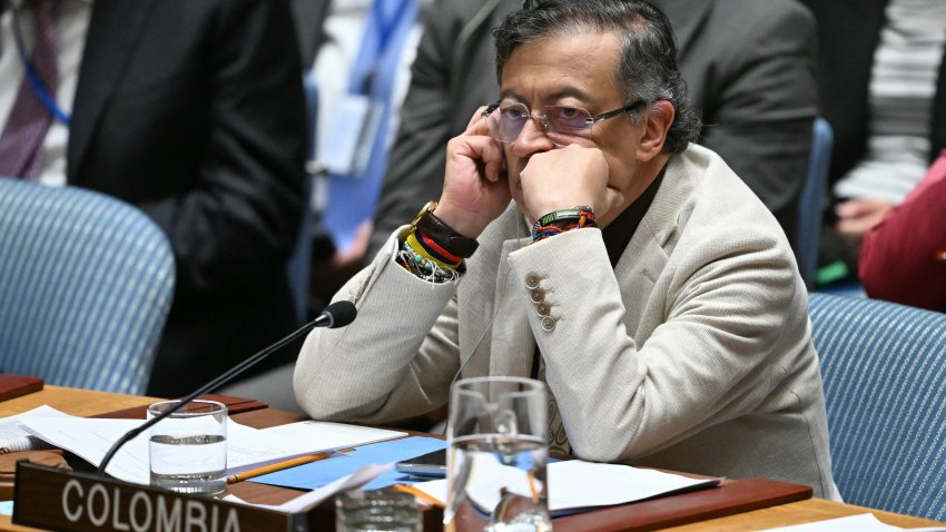 President of Colombia Gustavo Petro looks on during a United Nations Security Council meeting on the Middle East, at UN Headquarters in New York, on June 10, 2026. Colombian President Gustavo Petro is in New York to chair the UN open debate on the Middle East. (Photo by ANGELA WEISS / AFP via Getty Images)